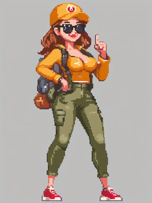 A {pretty young woman, sunglasses, making thump up with one hand,pure_background,full_body,best quality} in {pixel},((full_body))