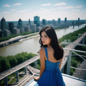 from above/high angle documentary photography analog style shot A young woman in a blue sundress with long black hair and bright make-up on a summer day in Montreal Quebec Canada, on  Jacque-Cartier Bridge in 3078. f1.4