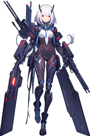 best quality,masterpiece,illustration,1 girl,solo,full body,White background,Mechanical,Mechanical body,white hair, Plasma Repeater weapon, owl mask, cyborg