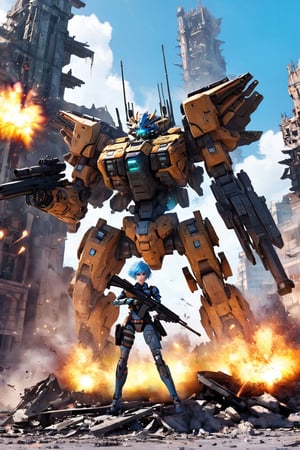 firing and carrying machine guns, shotguns, weapons,ultra high res ,random,8k,hi res,photoreal,war background, explosions, mecha, jets chasing space crafts, city ruins, mean, 1girl, solo, aqua hair color, short hairstyle, light blue eyes, |