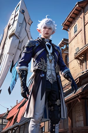 masculine young male, short-haired, (masterpiece, top quality, best quality, official art, beautiful and aesthetic:1.2), (1girl), extreme detailed,(fractal art:1.3),colorful,highest detailed,ppcp,kirara /(genshin impact/),mecha,Alphinaud, owl, beast, wings, wizards