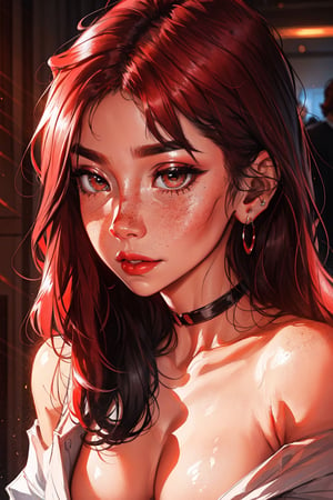 sam yang,1girl, backlighting, bare shoulders, black choker, blurry, blurry background, blush, breasts, choker, cleavage, closed mouth, collarbone, earrings, forehead, freckles, hair over shoulder, jewelry, long hair, looking down, pointy nose, red lips, shadow, solo, thick eyebrows, thick eyelashes, upper body, red hair, ((masterpiece))