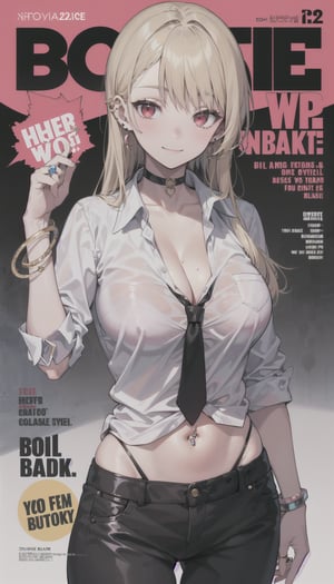 masterpiece, best quality, full body, 1girl, bangs, black choker, black necktie, blonde hair,, blush, bracelet, Choker, collarbone, collared shirt, cowboy shot, unbuttoned dress shirt, ear piercing, eyebrows visible through hair, gradient hair, confident (not smiling), gyaru, jewelry, kogal, long hair, looking at viewer, loose necktie,, piercing, red eyes, ring, unbuttonedshirt, smile, solo, midriff, black panties, boob window, cleavage, Bedroom,,illustration, no pants(magazine:1.3), (cover-style:1.3), fashionable, woman, vibrant, outfit, posing, front, colorful, dynamic, background, elements, confident, expression, holding, statement, accessory, majestic, coiled, around, touch, scene, text, cover, bold, attention-grabbing, title, stylish, font, catchy, headline, larger, striking, modern, trendy, focus, fashion,