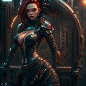  one woman, green skin:2, anime style,  detailed award winning photo of fit solo 30 year old green skinned Orion pirate woman, skin tight leather body suit, armor on shoulder and hips, cleavage showing,   red hair, large_breasts,  highly detailed setting, posing in a agressive pose, beautiful, sultry look, rich eye color, very large breasts, saggy breasts, absolute_cleavage,  thin waist, thick lips, perfect hands, leather gloves  (high detailed skin:1.2), 8k uhd, dslr, soft lighting, high quality, film grain, candid (masterpiece,best quality,ultra_detailed,highres,absurdres:1.2),kiss-shot