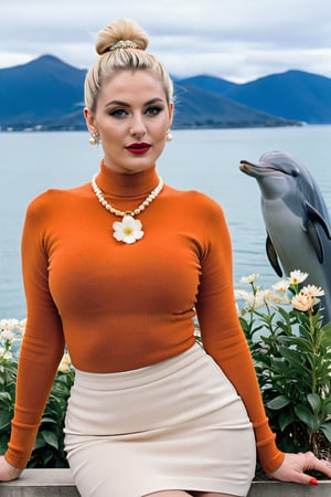 Create a photo of a Pam Poovey, round face, beautiful curvy white woman, bleach blonde hair tied up in a bun, kneeling,  looking up at the viewer, wearing an orange sweater, pearl necklace, small pearl white flower brooch on left side of chest, off white skirt, and white short heels, tall, long legs, blue eyes, blonde eyebrows, clear complexion, red lips, small gold ear rings, long eye lashes, enjoying the view, very large saggy breasts, thin waist,  big ass,  looking at the viewer, dolphin puppet on left hand, Can of beer in right hand, in office with 70s decor. high detailed,photo r3al,Movie Still,Film Still,Cinematic,Qftan,aesthetic portrait