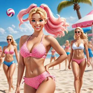 (masterpiece, best quality, photorealistic, ultra-detailed, finely detailed, high resolution), 1 beautiful woman, full body photo,  Betty and  from Archie Comics playing beach volleyball, with her girlfriends on the beach in the background, large breasts, tiny pink bikini with white polka dots, nipples poking through the bikini top, long blonde hair in a ponytail, pink scrunchie holding hair, perfect dynamic composition, beautiful detailed eyes, realistic detailed skin texture, smiling, perfect teeth, in the town of Rockland County, full-body photo, sharp-focus, looking back, like a cover of a fashion magazine, white and blue sneakers, sexy,m4d4m,3DMM,Photo Real,3d style