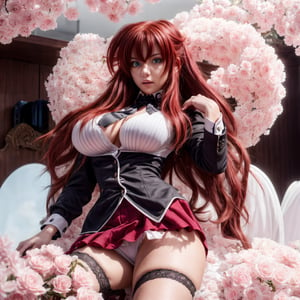  single woman, Award winning portrait of 18 year old Rias Gremory with red hair, beautiful face,  in her school uniform. She is removing her clothes, unbuttoning with her shirt, her very large mellon sized  breasts, unbuttoned shirt showing cleavage.  with white cotton blouse.  pink short skirt. White stockings
Thin waist, round ass, very large breasts, highly detailed locker room setting, fancy, beautiful, sultry look, rich blue eye color,  sfw_nudity,  absolute_cleavage,  thin waist,, lounging, red hair, thick lips,  (high detailed skin:1.2), 8k uhd, dslr, soft lighting, high quality, film grain, Fujifilm XT3, Movie Stil, candid (masterpiece,best quality,ultra_detailed,highres,absurdres:1.2),rias gremory,high_school_girl,1girl