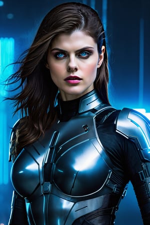 Create a realistic professional and marketing photoshoot image of Alexandra Daddario transformed into a cyberpunk female robocop. Capture her robust physique, cold steel armor reflecting neon lights, glowing cybernetic enhancements, piercing blue eyes, and a fierce yet elegant pose, emanating power and confidence in every electrifying detail.,IMGFIX