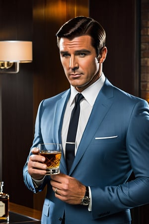 Create a realistic professional and marketing photoshoot featuring Sterling Archer, the iconic secret agent, elegantly holding a glass of whisky. Showcase his suave demeanor, with impeccable grooming and attire, capturing the essence of his charm and debonair lifestyle.