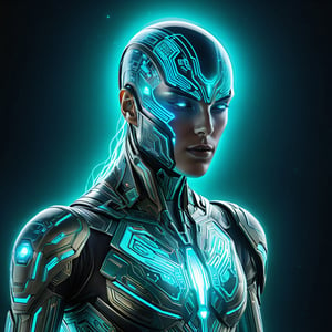 Create an otherworldly digital hyper-realistic artwork featuring a mesmerizing android creature emerging from a luminous void, adorned with circuitry and opalescent patterns, radiating a bioluminescent glow.