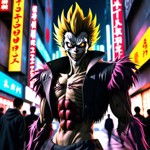 Full-body shot, dynamic pose, ultra-realistic Ryuk from Death Note in his shinigami form, apple in hand, while watching Light Yagami in the bustling streets of Neo Tokyo, a neonpunk city. The scene is filled with neon lights and dynamic movement, with a sinister figure looming in the shadows