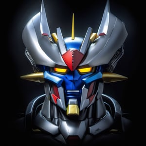 (top-quality, 8K, masterpiece:1.3) Close-up shot of Mazinger Z's head, the classic red and yellow mecha with a stoic expression and prominent horns. Its metallic skin is gleaming with chrome accents, and its eyes glow with determination. Rendered in a detailed 3D cyberpunk style with dramatic lighting and focus on the mech's heroic features.,mecha