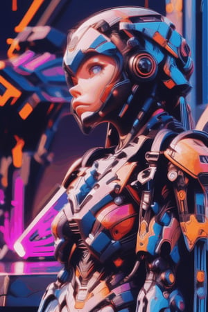 A cyberwoman as a mech with a neck and body inspired by Ghost in the Shell, standing confidently with a loyal mechanical cheetah companion at her side. Describe head and face: sleek metal design, glowing blue eyes, stoic expression. Describe body: humanoid mech with advanced weaponry and glowing blue accents. Describe cheetah: sleek metal design with glowing red eyes and lightning patterns.