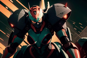 Close up shot of an ultra-detailed cybergirl mech in Neo Evangelion style, with her neck and body mechanical while riding in a sensual posing a mechanical cheeta. The mech has colorful eyes, a spiky red&green hair, a mischievous expression, and a metallic scarf around her chin. Her body is thin and athletic with big chests, with armored plating on her arms and legs. The mech tiger is sleek and muscular, with glowing red eyes, and body Green and Black. The lighting is dramatic, with shadows and highlights creating a sense of depth and tension. The overall mood is cyberpunk and futuristic.