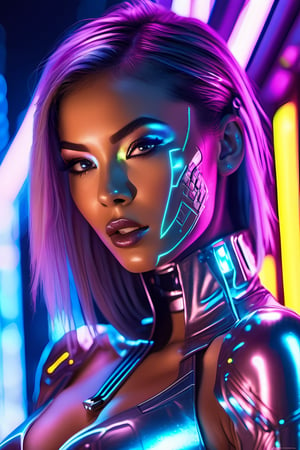 A close-up shot of a sensual Cybergirl, showcasing her cybernetic enhancements and alluring beauty. Her metallic skin glistens under the soft glow of neon lights, and her eyes sparkle with an otherworldly allure. The image is captured in a vibrant, hyper-realistic style, reminiscent of the works of Simone Legno and Hiroto Mori