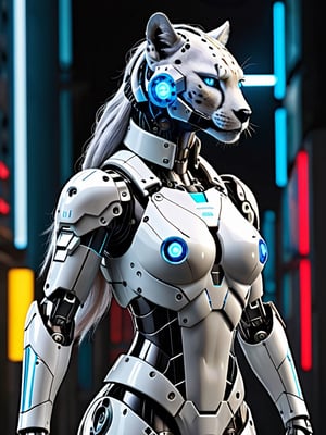 A cyberwoman as a mech with a neck and body inspired by Ghost in the Shell, standing confidently with a loyal mechanical cheetah companion at her side. Describe head and face: sleek metal design, glowing blue eyes, stoic expression. Describe body: humanoid mech with advanced weaponry and glowing blue accents. Describe cheetah: sleek metal design with glowing red eyes and lightning patterns.
