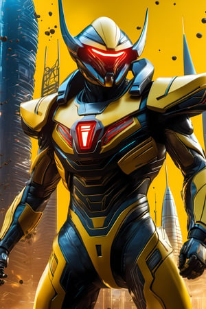 High-resolution, detailed close-up illustration, dynamic shot of a Goldrake from Ufo Robot movie, wearing a sleek and futuristic white and yellow with "V" logo glow red on chest of armored suit, powerful and confident stance, intense expression, glowing yellow eyes, red and blue arms, intricate details and textures on the suit, metallic armor plating with black and yellow accents, advanced technology integrated into the suit, glowing energy emitters, sci-fi background with a dynamic and futuristic setting, high-tech cityscape or alien landscape, vibrant and contrasting colors, flying vehicles or futuristic structures in the background, energy beams or particles adding to the sense of action and power.,Movie Still