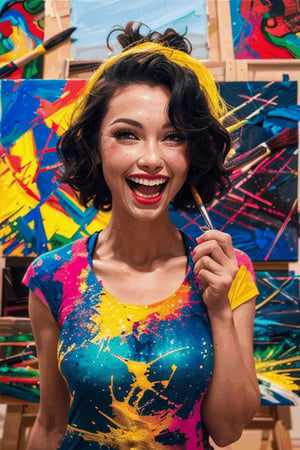 (top-quality, 8K, masterpiece:1.3) An upperbody portrait of a playful and mischievous woman with short, tousled curls framing her bright eyes. She holds a paintbrush in her hand, a splash of color staining her cheek. Her laughter echoes through a sun-drenched art studio, filled with vibrant canvases and creative supplies. (highly detailed, detailed skin, soft light)