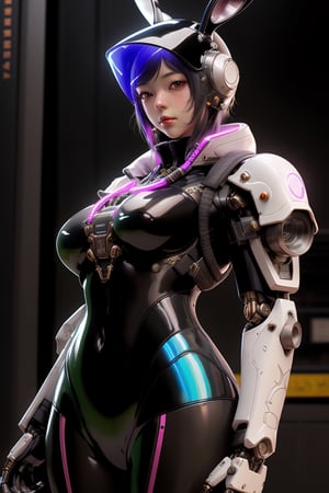 portrait of a cyberpunk mechanical black rabbit, rabbit helmet, large breasts, fit hip, third person, sci fi fantasy, intricate, richly detailed colored , art by range murata, highly detailed, 3d, octane render