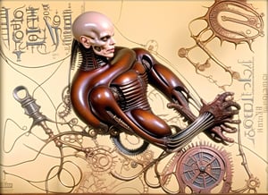 masterpiece, best quality, a photo realistic, mix H.R. Giger and Otto Dix, hyper detailed,  bio mechanical, steampunk textures, intricate detail, grotesque, rococo embossed decoration, include hieroglyphic typography on borders, flesh, violent,  deformed, robotic, cinematic lighting , extremely detailed CG,  setting,biopunk style,biopunk