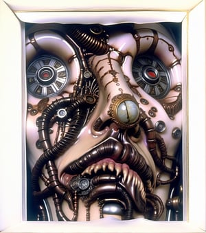 masterpiece, best quality, a photo realistic, mix H.R. Giger and Otto Dix, hyper detailed,  bio mechanical, steampunk textures, intricate detail, grotesque, rococo embossed decoration, include hieroglyphic typography on borders, flesh, violent,  deformed, robotic, cinematic lighting , extremely detailed CG,  setting,biopunk style,biopunk