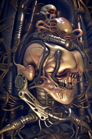 masterpiece, best quality, a photo realistic, mix H.R. Giger and MC Escher, hyper detailed, bio mechanical, steampunk textures, intricate detail, grotesque,  flesh, violent,  deformed, robotic, cinematic lighting , extremely detailed CG,  setting,biopunk style