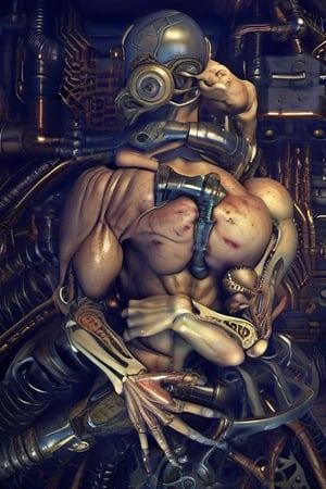 masterpiece, best quality, a photo realistic, mix H.R. Giger and MC Escher, hyper detailed, bio mechanical, steampunk textures, intricate detail, grotesque,  flesh, violent,  deformed, robotic, cinematic lighting , extremely detailed CG,  setting,biopunk style