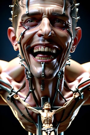  masterpiece, best quality, a photo realistic, more bio mechanical full body, crucified on a cross, twisted bio mechanical body, with a very stupid exaggerated rotton toothy smile, wide open mouth, lots of veins, wires, gears and meters, highly detailed bio mechanical features, cinematic lighting,  extremely detailed CG, face angle is a three quarter view angle, 