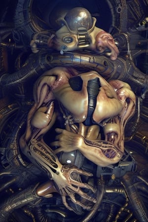 masterpiece, best quality, a photo realistic, mix H.R. Giger and MC Escher, hyper detailed, bio mechanical, steampunk textures, intricate detail, grotesque,  flesh, violent,  deformed, robotic, cinematic lighting , extremely detailed CG,  setting,biopunk style