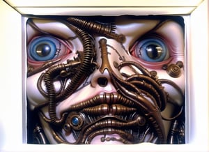 masterpiece, best quality, a photo realistic, mix H.R. Giger and Otto Dix, hyper detailed,  bio mechanical, steampunk textures, intricate detail, grotesque, rococo embossed decoration, include hieroglyphic typography on borders, flesh, violent,  deformed, robotic, cinematic lighting , extremely detailed CG,  setting,biopunk style,biopunk