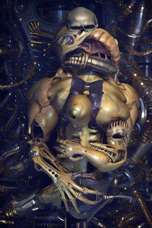 masterpiece, best quality, a photo realistic, mix H.R. Giger and MC Escher, hyper detailed, bio mechanical, steampunk textures, intricate detail, grotesque,  flesh, violent,  deformed, robotic, cinematic lighting , extremely detailed CG,  setting,biopunk style