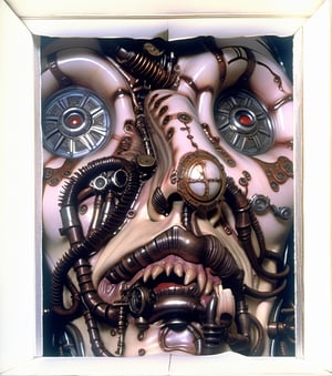 masterpiece, best quality, a photo realistic, mix H.R. Giger and Otto Dix, hyper detailed,  bio mechanical, steampunk textures, intricate detail, grotesque, rococo embossed decoration, include hieroglyphic typography on borders, flesh, violent,  deformed, robotic, cinematic lighting , extremely detailed CG,  setting,biopunk style,biopunk