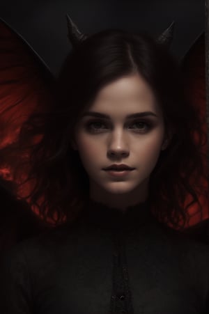 (masterpiece), (unrivalled quality:1.4), ultra-high resolution, hyperrealistic, dark fantasy portrait, 1 woman, adult (succubus:0.7) with a sly smirk, hypnotic ruby red eyes,hair cascading in waves, solo, detailed face, (cavernous underworld theme:1.1) (demonic wings:1.05), personified forbidden temptation, allure, power, darkness, succubus mythology symbolism, firelight, glow, rich purples and reds, symmetry, obsidian, foreboding cavern background, otherworldly infernal atmosphere, emma watson