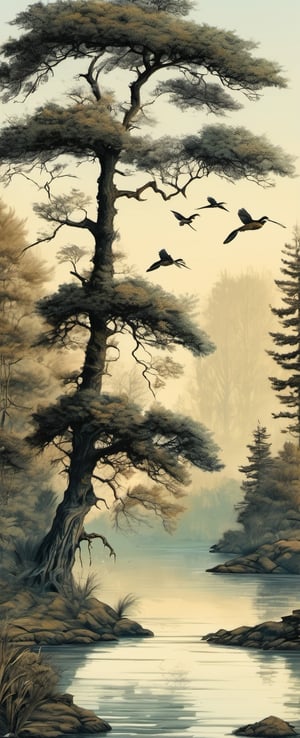 ink scenery, no humans, lake, trees, 1 big tree, muted colors, realistic, birds, fish in water