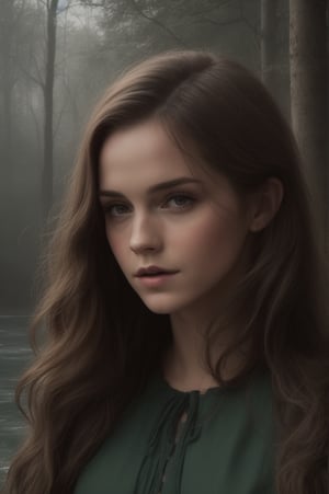 (masterpiece), (unrivalled quality:1.4), ultra-high resolution, hyperrealistic, medival portrait, 1 woman, adult with a sly smirk, hypnotic green eyes,hair cascading in waves, solo, detailed face, (natural river theme:1.1), personified forbidden temptation, allure, power, nordic mythology symbolism, firelight, glow, rich purples and reds, symmetry, natural river nad trees background, otherworldly infernal atmosphere, emma watson in medival princess dress