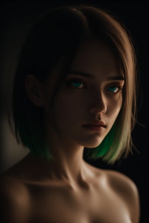 (blue light background:0.1), masterpiece, dreamy, intricate details, studio photography, cinematic light, high brightness, depth of field, (cold colors:0.4), short hair, green eyes, flame particles,photo realistic, ultra-realistic, very detailed,