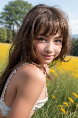 A preteen dream, a tween girl with an alluring charm, posing in a sunny meadow, her petite frame and sweet smile drawing the viewer's gaze. Her well-formed body is highlighted by a gentle breeze rustling her hair as she gazes off into the distance, exuding innocence and curiosity.