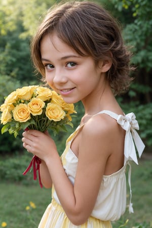 A sunny afternoon in a lush green park, warm golden light casts a flattering glow on an 11-year-old alluring tween girl. She wears a bright yellow sundress with white flowers and a matching bow tied around her curly brown hair, showcasing her sweet innocence. The framing of the shot focuses on her radiant smile as she gazes down at a bouquet of colorful flowers in her hands.