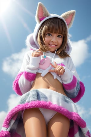 A kemono girl with a whimsical design! The scene is set in a pastel-colored, star-studded fancy candy shop. The subject, with a fanged smile and button nose, stands amidst swirling clouds of sugar and spice. Her fluffy fur-covered body, adorned with a heart-shaped face, sports large bat wings that seem to sprout from her back like a majestic cloak. Her paw-like hands and feet grasp oversized hoodie strings, which feature wing holes, adding an extra layer of whimsy. Thigh-high socks and sparkly effects complete the digital art style. The kemono girl's big expressive eyes, with star-shaped pupils, shine bright as she gazes out at the viewer, her blush cheeks and chibi proportions making her appear even more endearing.