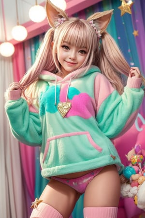 A kemono girl with a whimsical design! The scene is set in a pastel-colored, star-studded fancy candy shop. The subject, with a fanged smile and button nose, stands amidst swirling clouds of sugar and spice. Her fluffy fur-covered body, adorned with a heart-shaped face, sports large bat wings that seem to sprout from her back like a majestic cloak. Her paw-like hands and feet grasp oversized hoodie strings, which feature wing holes, adding an extra layer of whimsy. Thigh-high socks and sparkly effects complete the digital art style. The kemono girl's big expressive eyes, with star-shaped pupils, shine bright as she gazes out at the viewer, her blush cheeks and chibi proportions making her appear even more endearing.