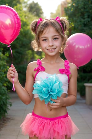 A youthful 11-year-old girl exudes innocent charm while wearing a bright pink tutu and a sparkly tiara, her pigtails tied in matching pink scrunchies. She poses playfully against a backdrop of colorful balloons and crepe paper streamers, the warm sunlight casting a gentle glow on her freckled nose.