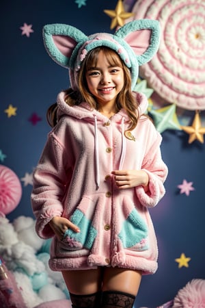 A kemono girl with a whimsical design! The scene is set in a pastel-colored, star-studded fancy candy shop. The subject, with a fanged smile and button nose, stands amidst swirling clouds of sugar and spice. Her fluffy fur-covered body, adorned with a heart-shaped face, sports large bat wings that seem to sprout from her back like a majestic cloak. Her paw-like hands and feet grasp oversized hoodie strings, which feature wing holes, adding an extra layer of whimsy. Thigh-high socks and sparkly effects complete the digital art style. The kemono girl's big expressive eyes, with star-shaped pupils, shine bright as she gazes out at the viewer, her blush cheeks and chibi proportions making her appear even more endearing.