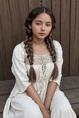 A sepia-toned 8K HDR image captures a Native American woman from 1890 in stunning detail. She sits confidently, eyes cast downward, braids flowing down her back. Traditional clothing adorned with intricate patterns and beads frames her radiant face. In the background, a serene village scene depicts daily life, while in the foreground, a playful couple enjoys a carefree moment, their white pantaloons glistening in warm sunlight, as if fresh from a rainstorm.,Wee One Tween - (12)