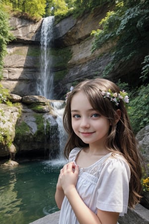 very young girl playing in a loving manner in a scenic garden with a waterfall. Tween girl, Various colours. Beautiful Eyes, Smiling, Austrianlian Origin