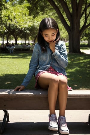 Creepshots Scenario: In a park, I capture a candid photo of a tween girl sitting with open legs on a bench, enjoying a moment that she didn't realize was being photographed.