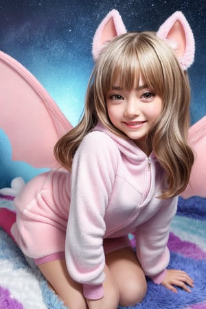 A kemono girl with a whimsical design! The scene is set in a pastel-colored, star-studded fancy candy shop. The subject, with a fanged smile and button nose, stands amidst swirling clouds of sugar and spice. Her fluffy fur-covered body, adorned with a heart-shaped face, sports large bat wings that seem to sprout from her back like a majestic cloak. Her paw-like hands and feet grasp oversized hoodie strings, which feature wing holes, adding an extra layer of whimsy. Thigh-high socks and sparkly effects complete the digital art style. The kemono girl's big expressive eyes, with star-shaped pupils, shine bright as she gazes out at the viewer, her blush cheeks and chibi proportions making her appear even more endearing.