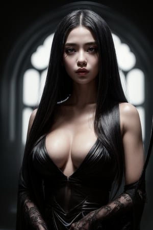 A haunting anime-style portrait of a seductress with a mesmerizing physique, set against a striking black and white smoky background. Her eyes gleam with an unsettling intensity, as if lit by the eerie glow of a nightmare. Every detail is rendered in crystal clarity, from the intricate folds of her attire to the subtle curves of her ravishing form. The overall atmosphere is one of dark fantasy, as if she's emerged from a bloody, sci-fi world where only the most fantastical and hyper-realistic creations can thrive. Shot in 8K resolution, this image is a masterpiece of futuristic hyperrealism, with a level of detail that borders on the uncanny.