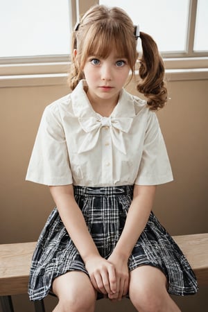 A full body portrait of a young girl, preteen girl, japanese, (detailed face, detailed eyes), heterochromia, ginger drill hair, bang, twintails, sitting in class rooom,view form above:1.9,8k uhd,realistic,photorealistic, highly detailed,high_resolution, cinematic lighting, detailed background,extremely realistic, photo realistic , vintage photo,slender girl, japanese school uniform, short sleeve white shirt, plaid skirt, bow