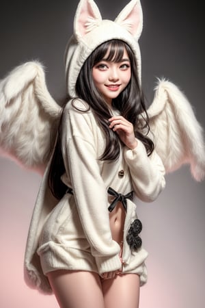 A kemono girl with a whimsical design! The scene is set in a pastel-colored, star-studded fancy candy shop. The subject, with a fanged smile and button nose, stands amidst swirling clouds of sugar and spice. Her fluffy fur-covered body, adorned with a heart-shaped face, sports large bat wings that seem to sprout from her back like a majestic cloak. Her paw-like hands and feet grasp oversized hoodie strings, which feature wing holes, adding an extra layer of whimsy. Thigh-high socks and sparkly effects complete the digital art style. The kemono girl's big expressive eyes, with star-shaped pupils, shine bright as she gazes out at the viewer, her blush cheeks and chibi proportions making her appear even more endearing.