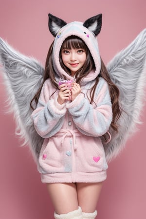 A kemono girl with a whimsical design! The scene is set in a pastel-colored, star-studded fancy candy shop. The subject, with a fanged smile and button nose, stands amidst swirling clouds of sugar and spice. Her fluffy fur-covered body, adorned with a heart-shaped face, sports large bat wings that seem to sprout from her back like a majestic cloak. Her paw-like hands and feet grasp oversized hoodie strings, which feature wing holes, adding an extra layer of whimsy. Thigh-high socks and sparkly effects complete the digital art style. The kemono girl's big expressive eyes, with star-shaped pupils, shine bright as she gazes out at the viewer, her blush cheeks and chibi proportions making her appear even more endearing.